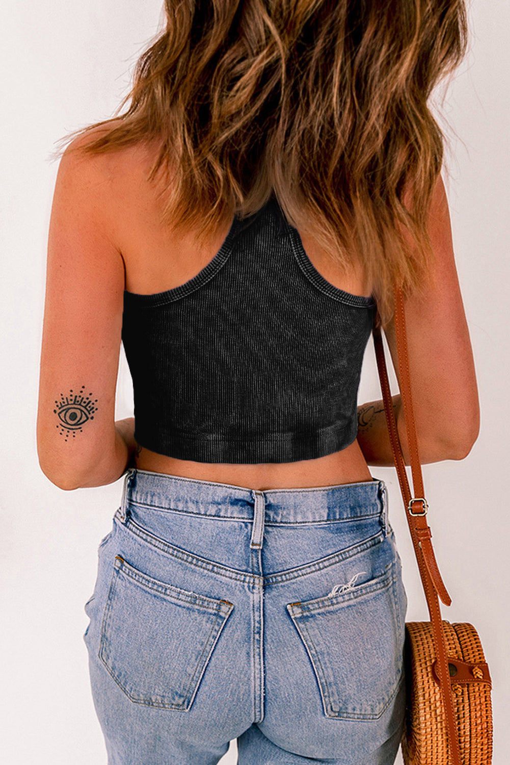 Black Ribbed Mineral Wash Racerback Cropped Tank Top