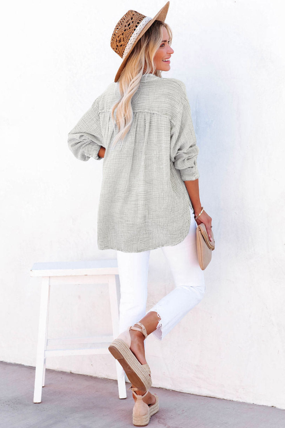 Sky Blue Crinkle Textured Loose Henley Top