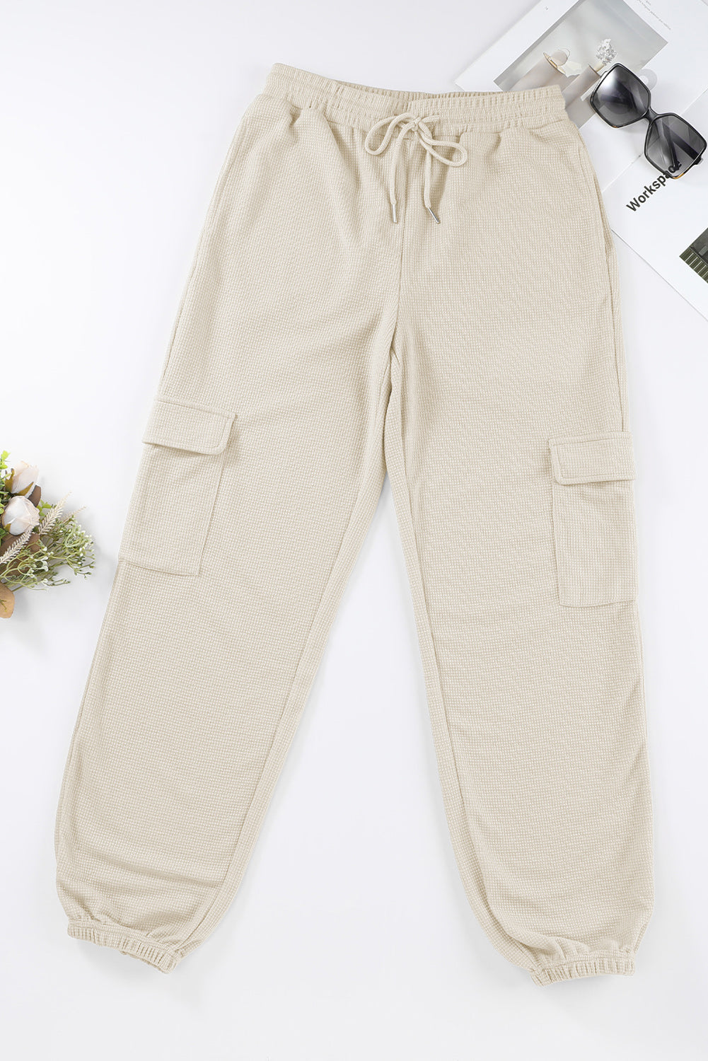 Pink Waffle Texture Cargo Pocket Jogger Pants