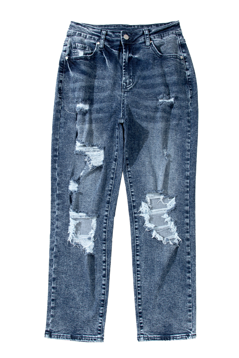 Sky Blue Light Wash Frayed Slim Fit High Waist Jeans