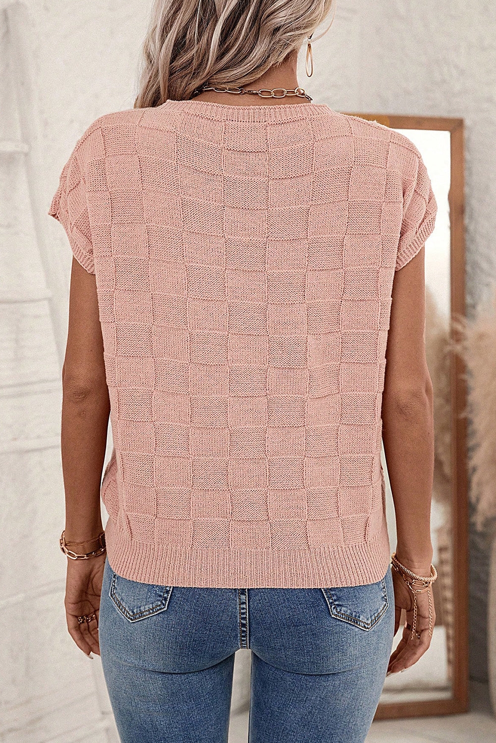 Dusty Pink Lattice Textured Knit Short Sleeve Sweater