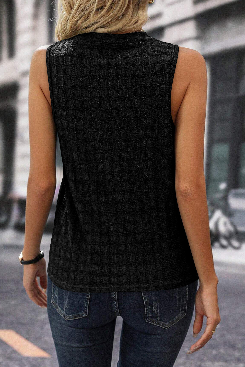 Pink Lattice Textured Split Neck Tank Top