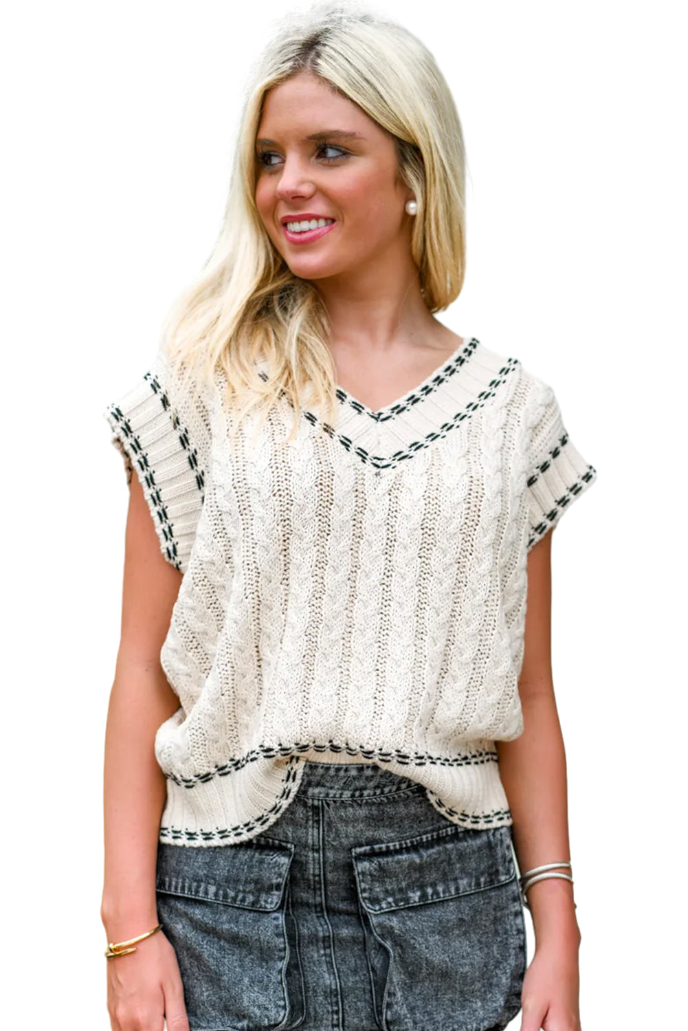 White Contrast Trim V Neck Cable Knit Sweater Vest