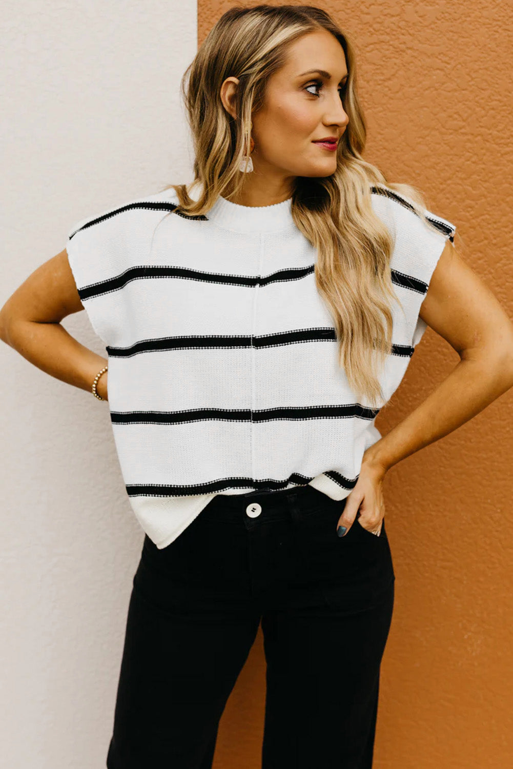 White Striped Batwing Sleeve Sweater Top