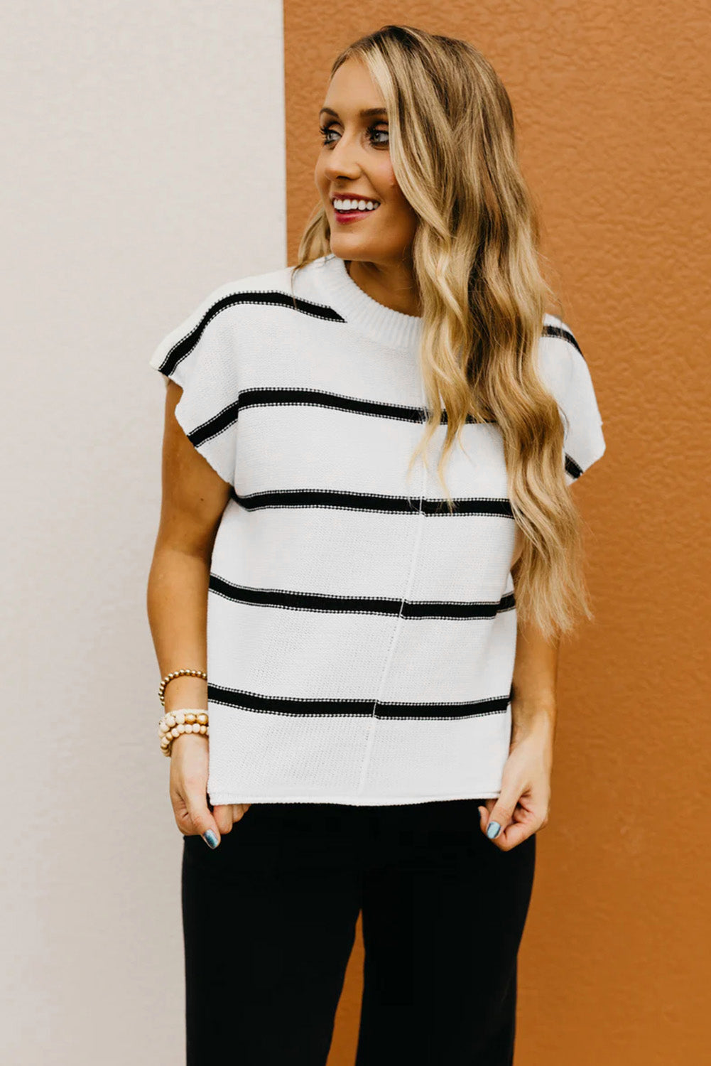 White Striped Batwing Sleeve Sweater Top