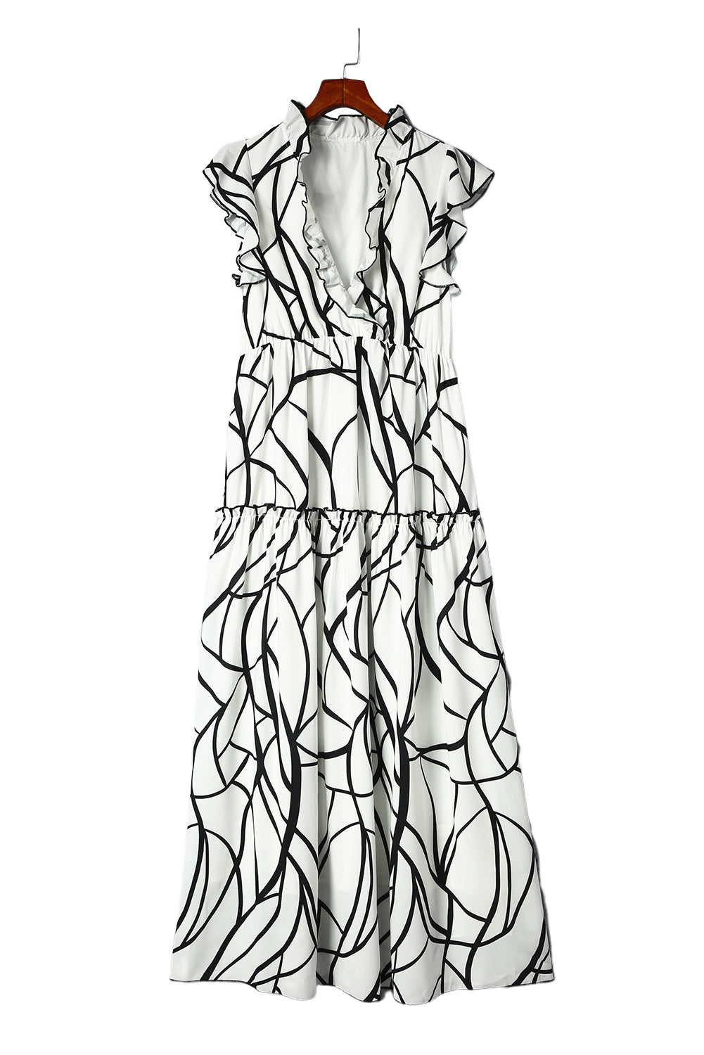 White Abstract Vein Print V Neck Ruffle Maxi Dress