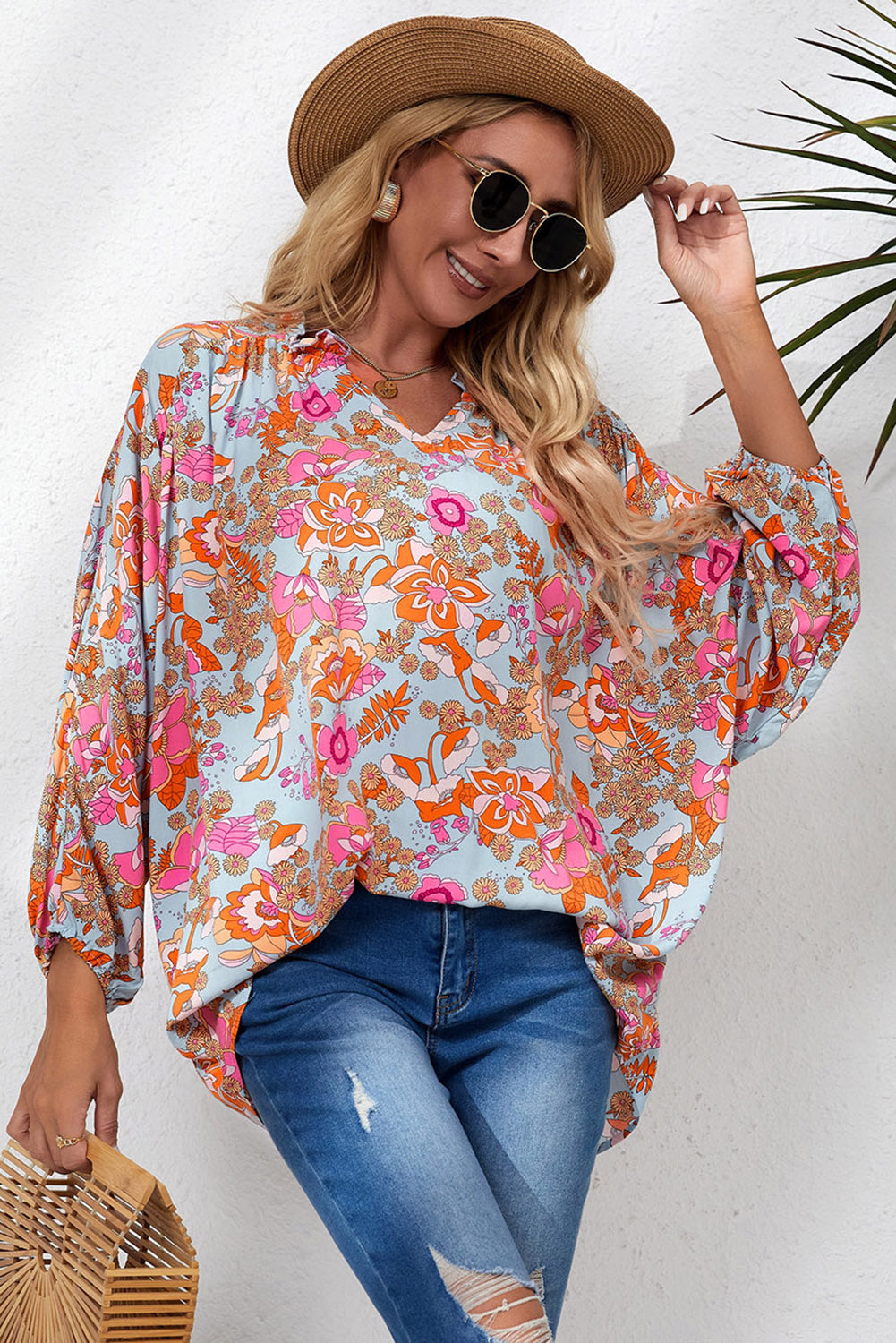 Sky Blue Floral Print Loose Fit Ruched V Neck Blouse