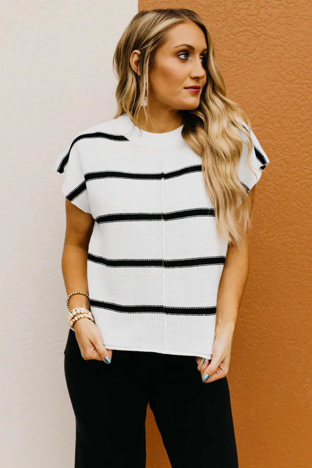 White Striped Batwing Sleeve Sweater Top