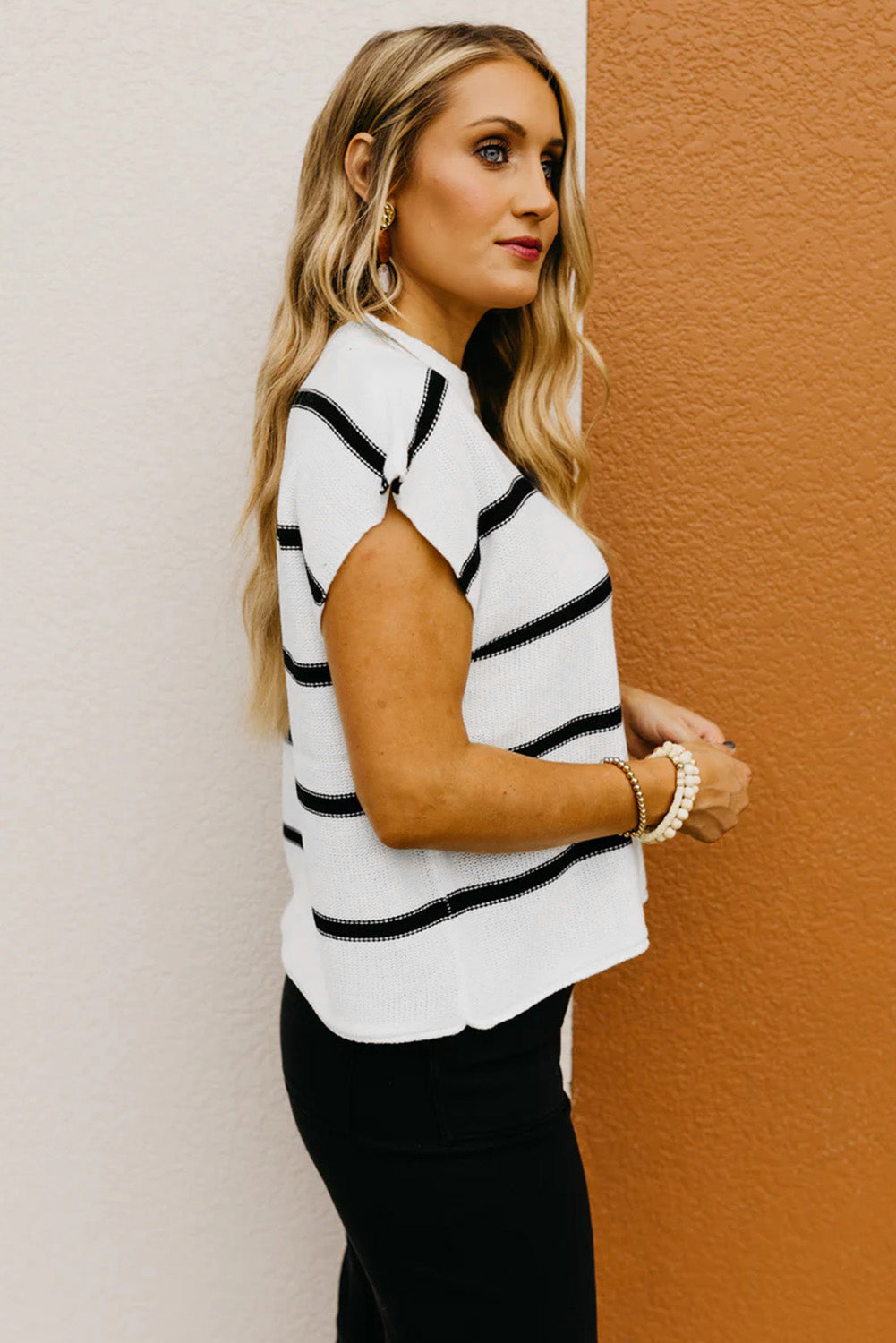 White Striped Batwing Sleeve Sweater Top